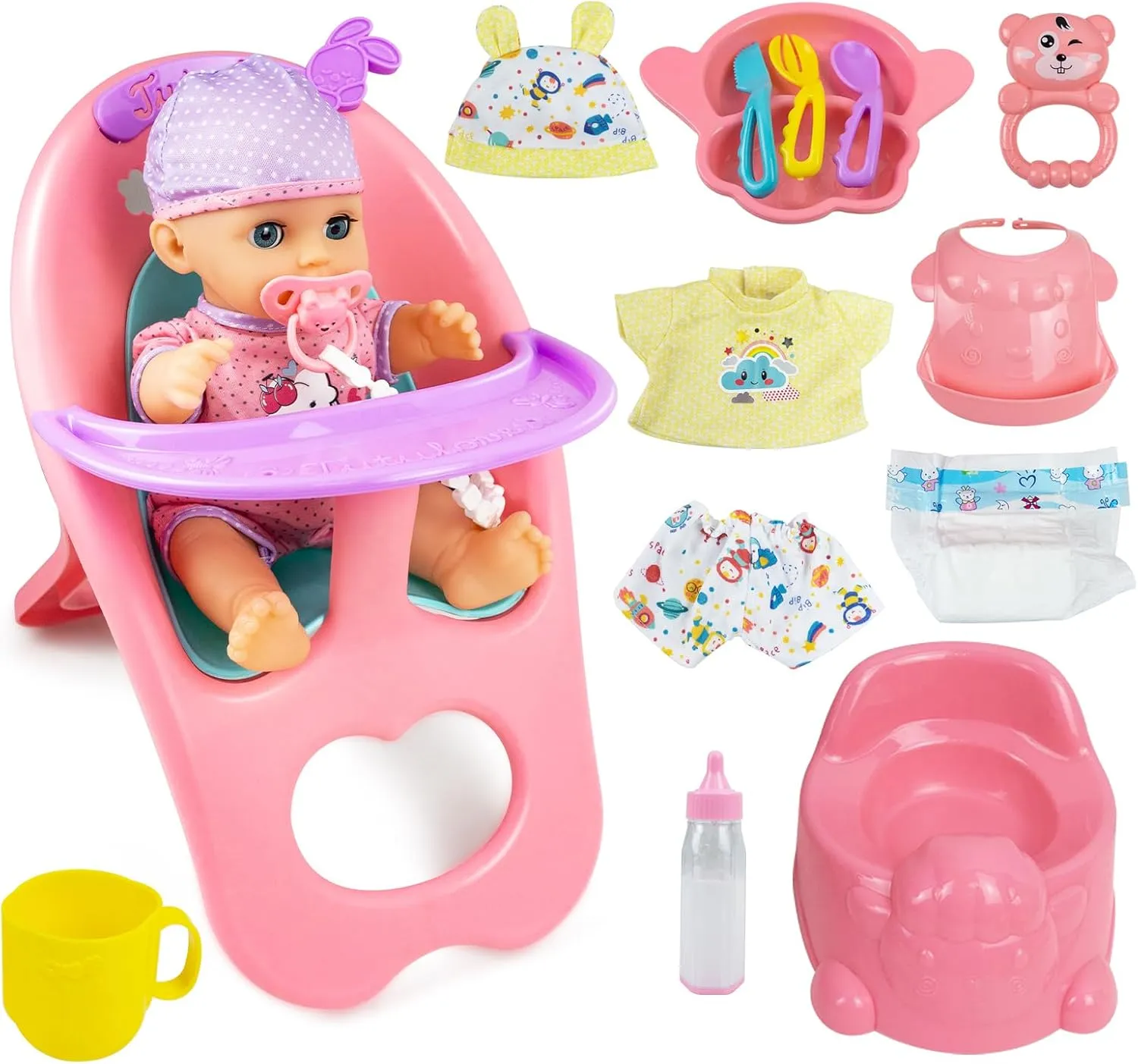 - 12" Dolls RedCrab Baby Doll Toys Set$ Newborn Dolls PlaySet with High locust curl laboratory suspend Chair Stroller Feeding $Tableware Set and Doll Clothes Accessories$ 15  pcs Toddler Pretend Play Gift Toys for Girls 