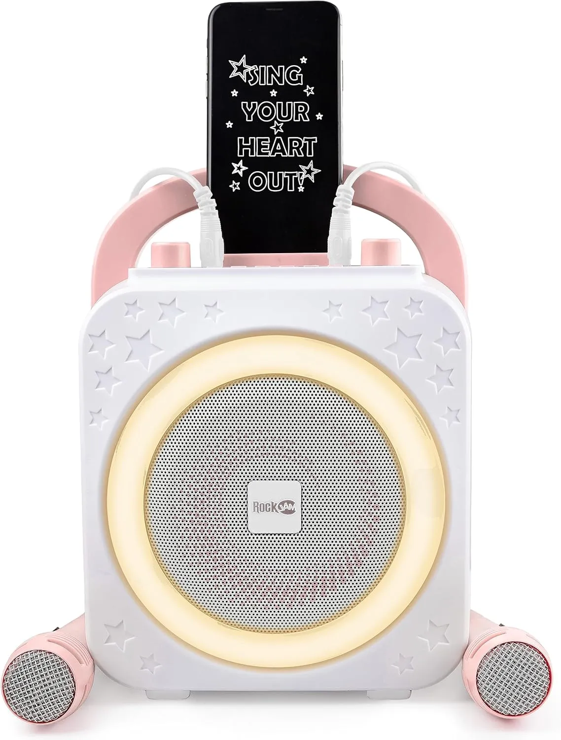 10-Watt Rechargeable Bluetooth Karaoke Machine philology with Two Mics$ Ring Light & Voice Effects RockJam 