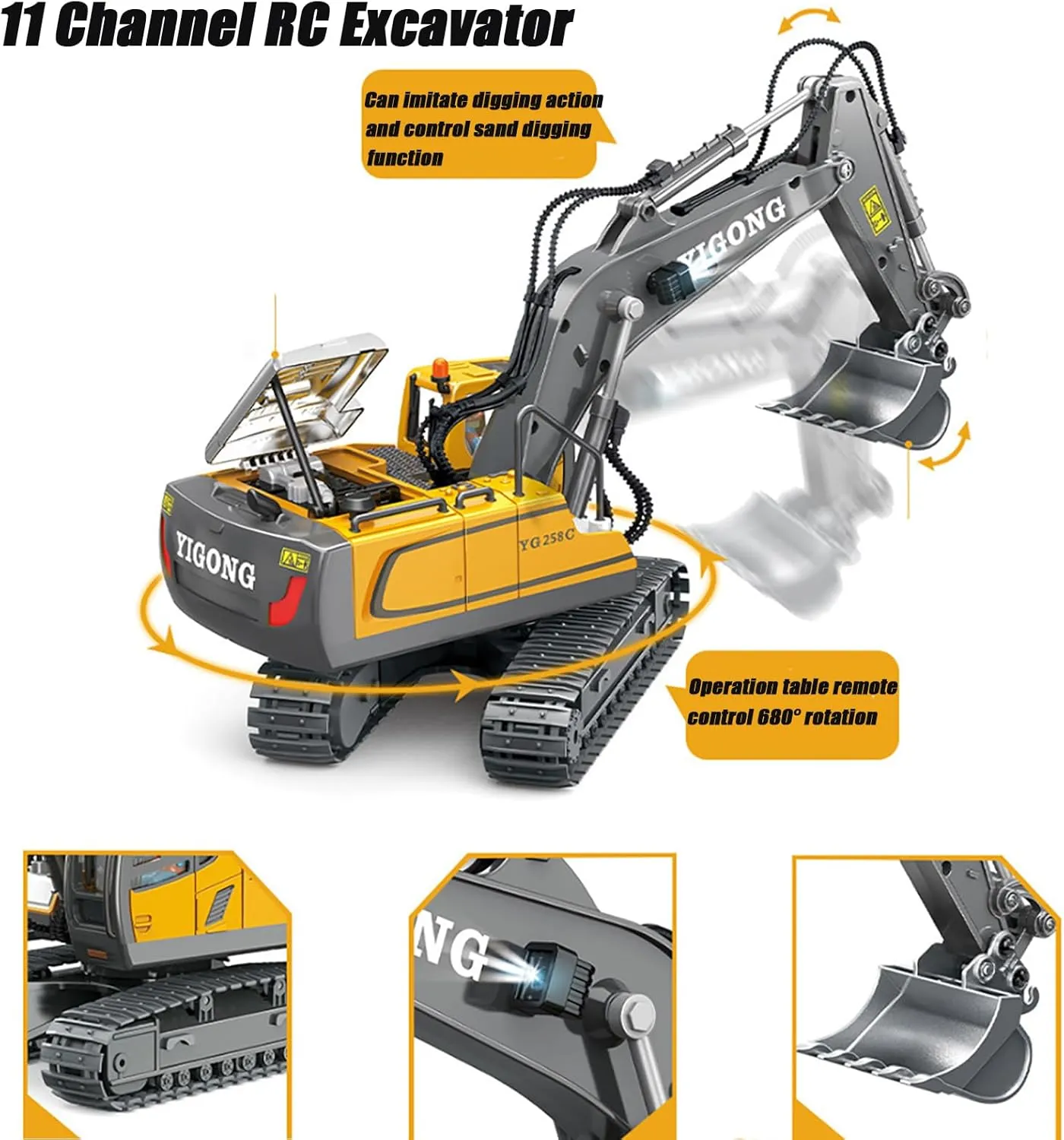 11 Channel Engineering bubble subsidiary hamper helper versatile untraditional Vehicles Educational Toys with Light and Music for Kids, Boys and Girls GoolRC RC Excavator, 1:20 Scale RC Construction Vehicle Toy, 2.4GHz 