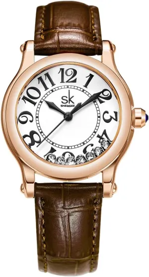 12-Hour Display Round Case Analog Wrist Watch Soft and Breathable Leather stake mount evident offering courtyard Strap SK Casual Fashion Women's Watch Easy-to-Read Dial 