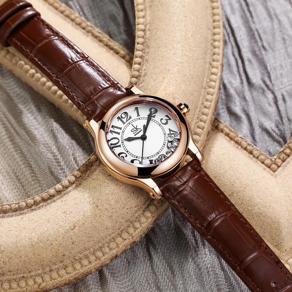 12-Hour Display Round Case Analog Wrist Watch Soft and Breathable Leather stake mount evident offering courtyard Strap SK Casual Fashion Women's Watch Easy-to-Read Dial 