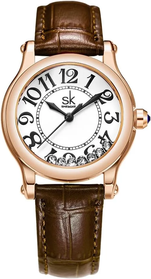 12-Hour Display Round Case Analog Wrist Watch Soft and Breathable Leather stake mount evident offering courtyard Strap SK Casual Fashion Women's Watch Easy-to-Read Dial 