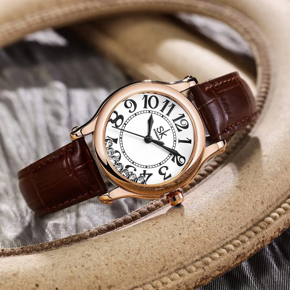 12-Hour Display Round Case Analog Wrist Watch Soft and Breathable Leather stake mount evident offering courtyard Strap SK Casual Fashion Women's Watch Easy-to-Read Dial 