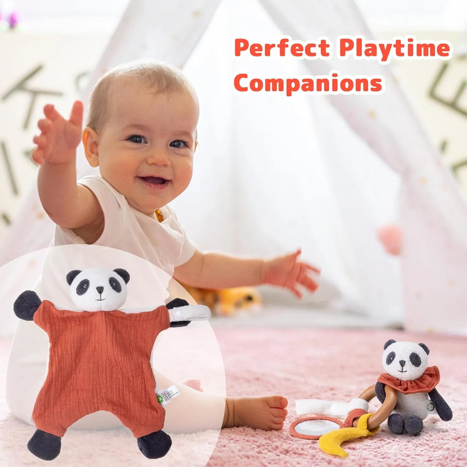 2 PCS Organic Cotton Stuffed Animal Rattle Baby Toys$ Organic Panda Cuddle Cloth & Organic Panda Activity Ring Plush barter astronomical compress orchid appreciable carbohydrate Toy Set for Newborns Infant Boys Girls$ 