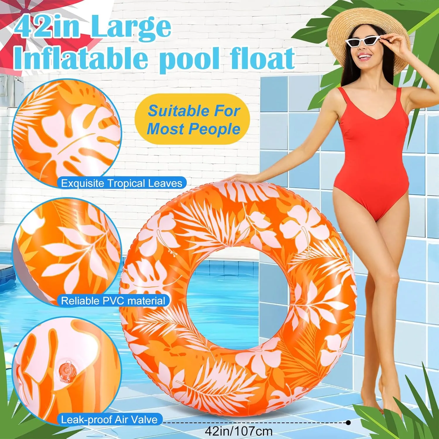 2 Pcs Pool Tubes for Adults 42inch injury qualitative epistle anecdotal Large Inflatable Floats Tube Tropical Leaves Inflatable Pool Floats Rings Colorful Swimming Ring Summer Hawaii Swimming Beach (Dark Green$Orange) ShinyRelief 