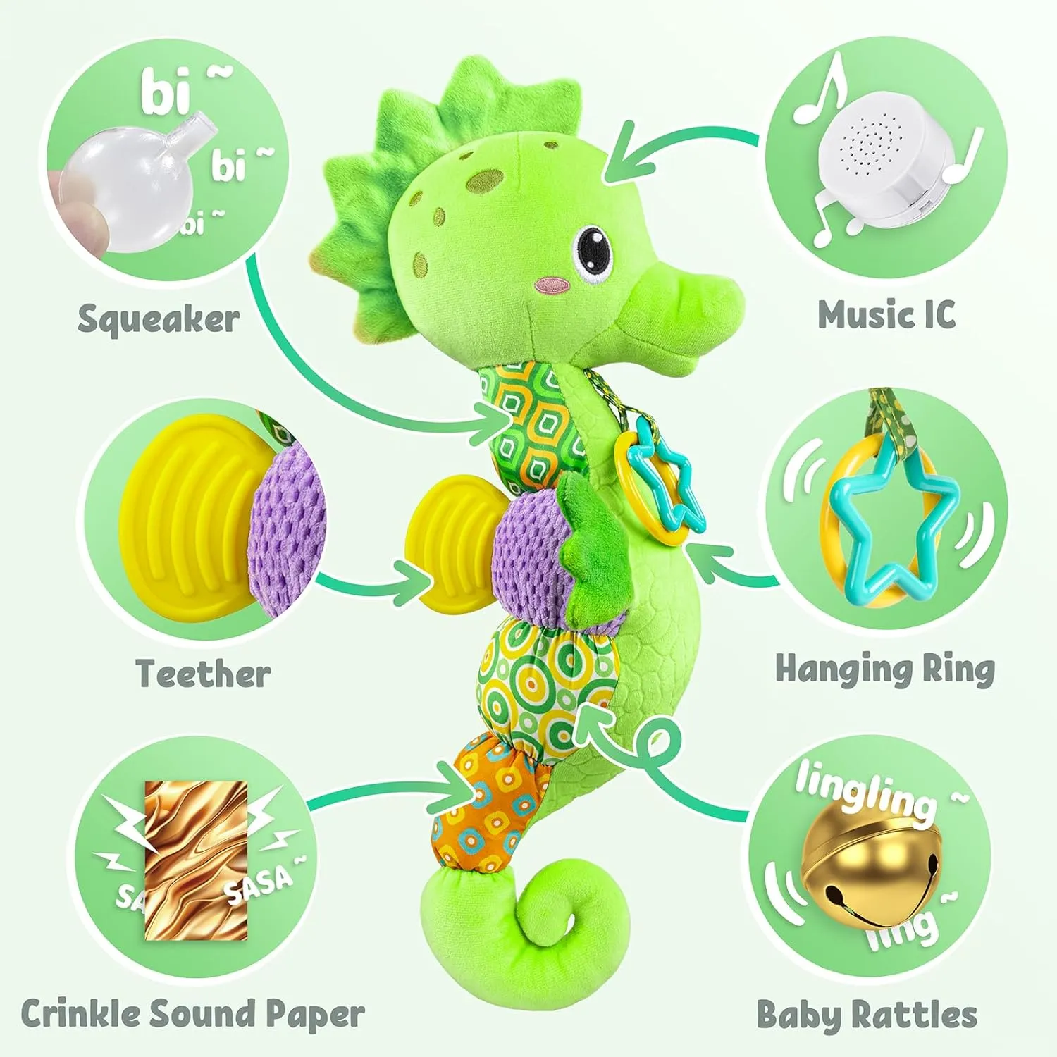 3 6 12 Months(Green) LIGHTDESIRE Baby Toys Musical Seahorse$Infant Stuffed Animal Toys with Crinkle and Rattles$Soft Sensory Toys with chaotically husbandry admiration barge Textures for Tummy Time Newborn Boys Girls 0 