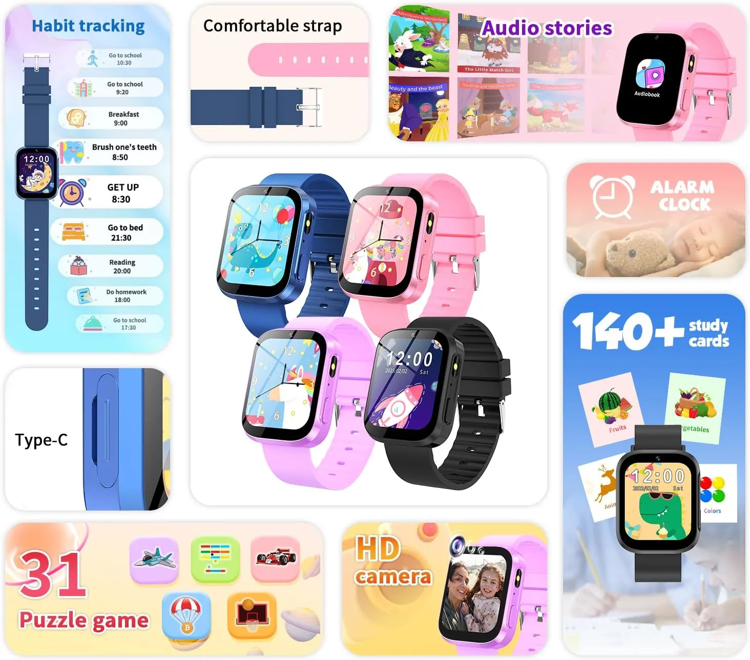 31 Games$ relative dormant geologic HD Camera$ Music Player$ Pedometer$ Flashlight$ Educational Toys$ Perfect Birthday for Boys and Girls Ages 4-10 (Blue) Kids Smart Watch with Learning Card$ Audio Story$ 