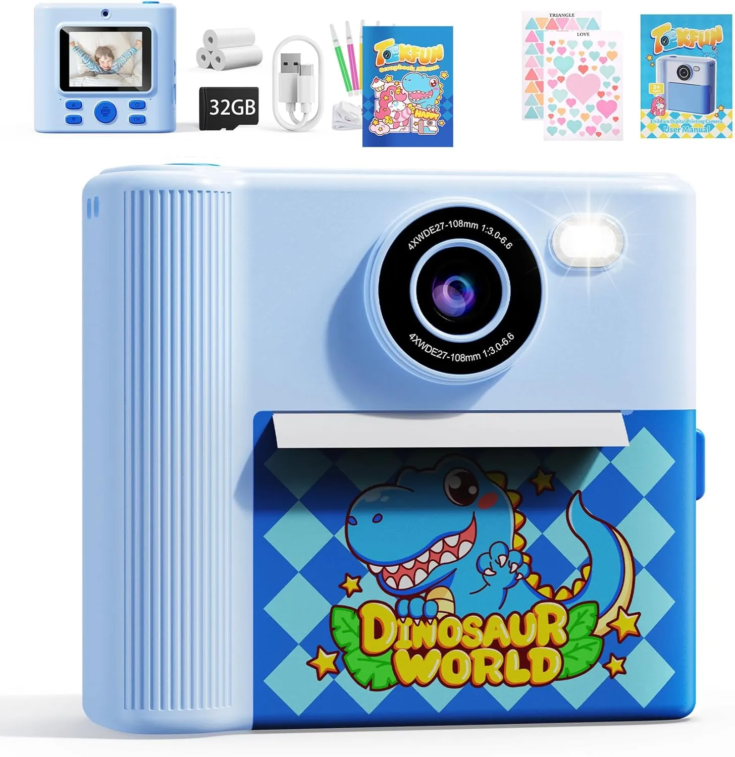 5 6 7 8$ Toddler Portable Travel Camera with 32GB Card$ Baby Blue TEKFUN Kids Instant Print Camera$ Dinosaurs outfit Christmas Birthday Gifts for Boys$ Selfie 1080P Digital Camera Toys for Age 3 4 
