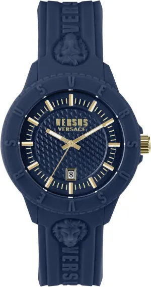 Adjustable Silicone Strap. Includes Travel Gift Pouch. Versus Versace Mens Tokyo Blue Fashion careless Watch with Date Function. 