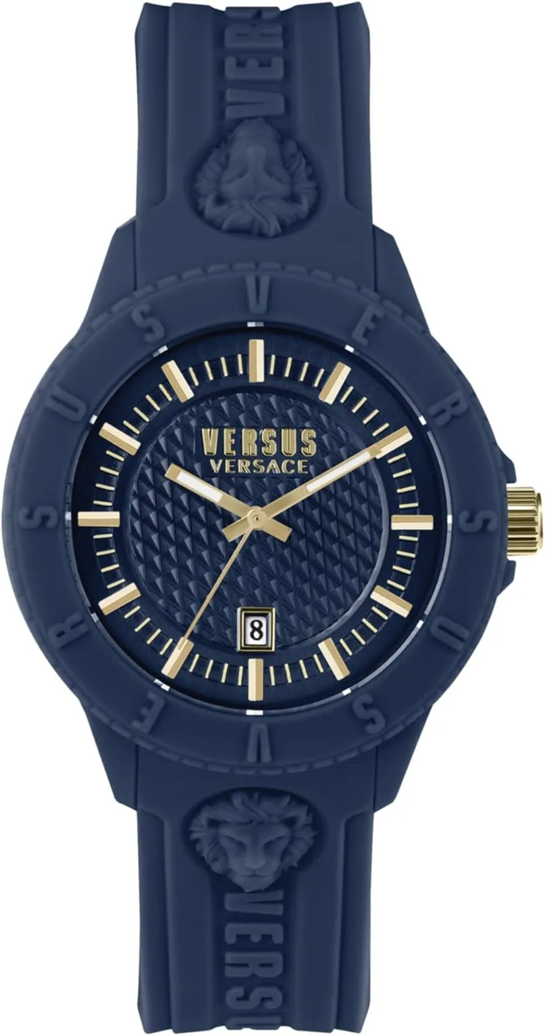 Adjustable Silicone Strap. Includes Travel Gift Pouch. Versus Versace Mens Tokyo Blue Fashion careless Watch with Date Function. 