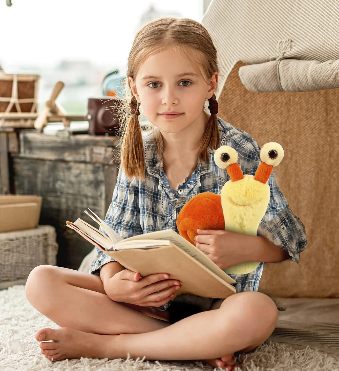 Adults - 5.5 Inch radiate DolliBu Plush Snail Stuffed Animal - Soft Huggable Big Eyes Orange Snail, Adorable Playtime Land Snail Plush Toy, Cute Wild Life Cuddle Gifts for Kids and 