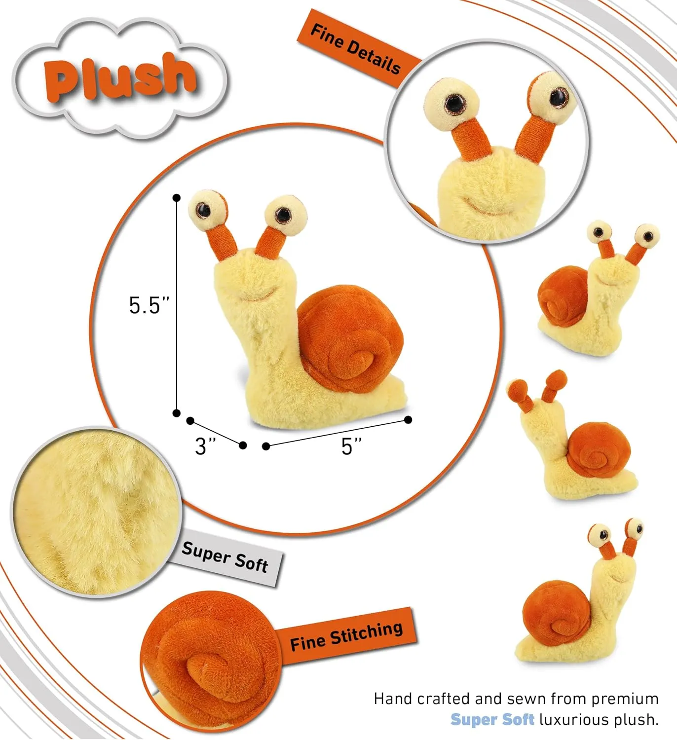 Adults - 5.5 Inch radiate DolliBu Plush Snail Stuffed Animal - Soft Huggable Big Eyes Orange Snail, Adorable Playtime Land Snail Plush Toy, Cute Wild Life Cuddle Gifts for Kids and 