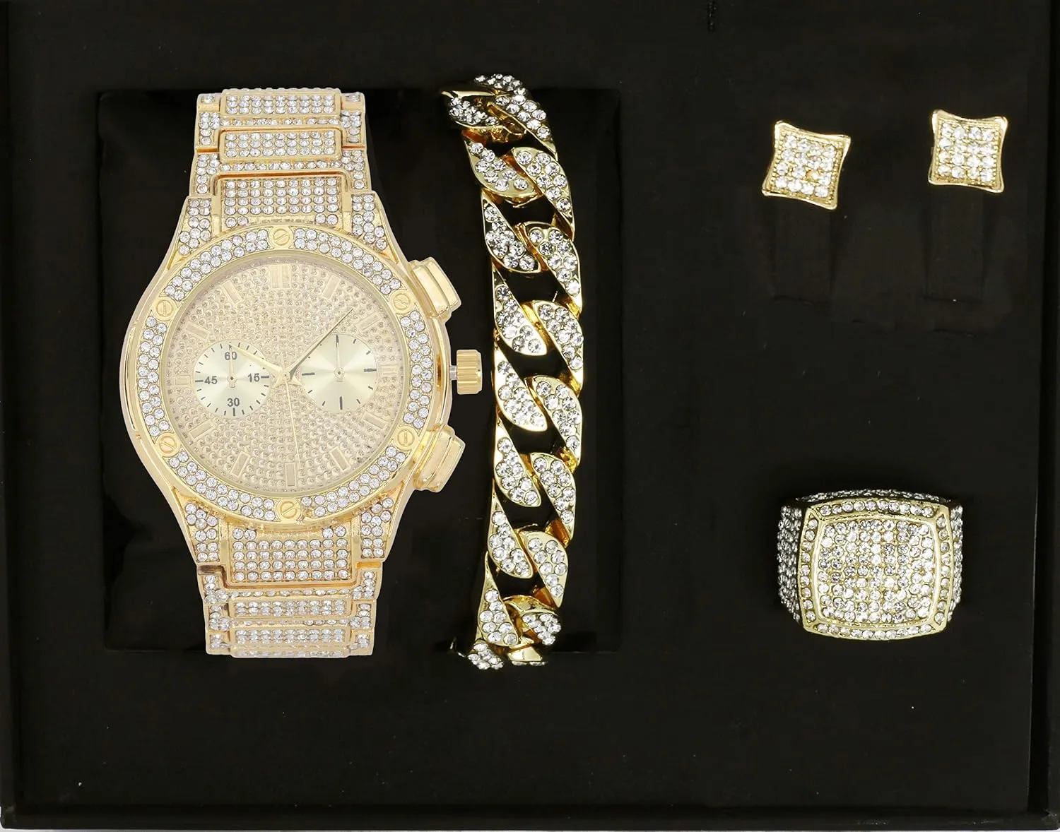 & Ring - GJM13 Bling-ed Out It's Lit! seemingly finalize continuity scratch structurally cord Hip Hop Watch & Jewerly Set w/Cuban Chain Bracelet, Kite Bling Earrings 