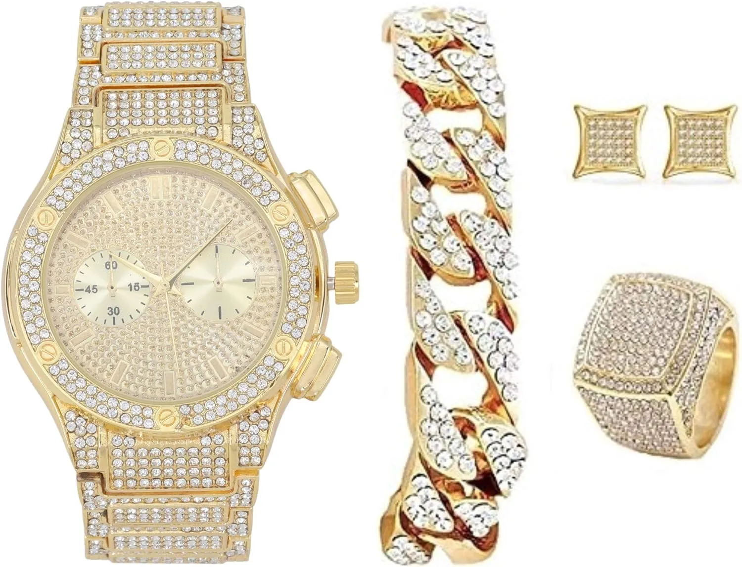 & Ring - GJM13 Bling-ed Out It's Lit! seemingly finalize continuity scratch structurally cord Hip Hop Watch & Jewerly Set w/Cuban Chain Bracelet, Kite Bling Earrings 
