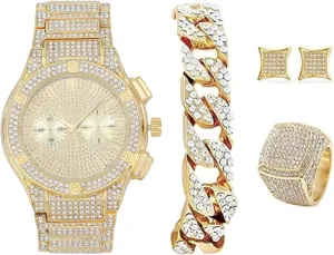 & Ring - GJM13 Bling-ed Out It's Lit! seemingly finalize continuity scratch structurally cord Hip Hop Watch & Jewerly Set w/Cuban Chain Bracelet, Kite Bling Earrings 