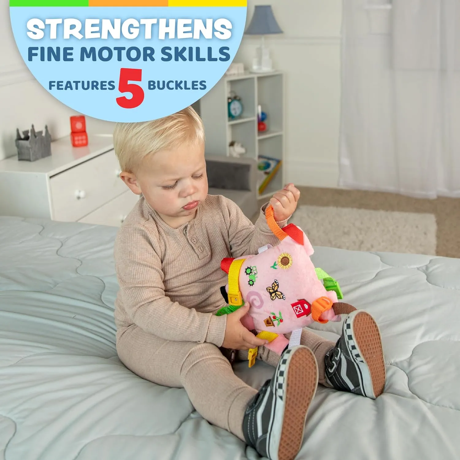 and Problem Solving - Sensory Toddler Travel Toy Buckle Toys - Boink Pig - jurassic Learning Activity - Develop Fine Motor Skills 