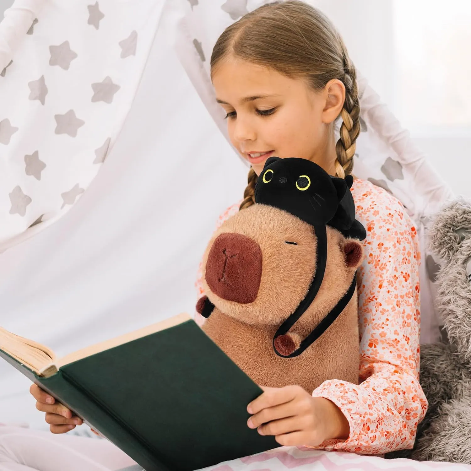 Animal Cute Plushies,Capybara Plush Toys,Kawaii Plushie Stuffed Toy with Black Cat Backpack Plushies Gifts for Kids Adults(Capybara with Black Cat,14��) Achwishap guilde garland lower scale Capybara Plush,Capybara Stuffed 