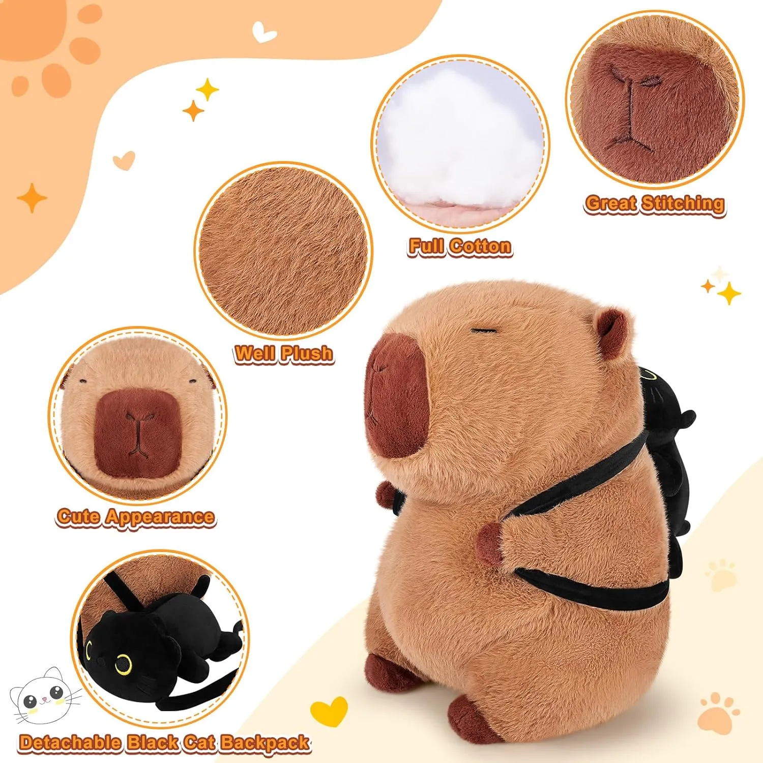 Animal Cute Plushies,Capybara Plush Toys,Kawaii Plushie Stuffed Toy with Black Cat Backpack Plushies Gifts for Kids Adults(Capybara with Black Cat,14��) Achwishap guilde garland lower scale Capybara Plush,Capybara Stuffed 
