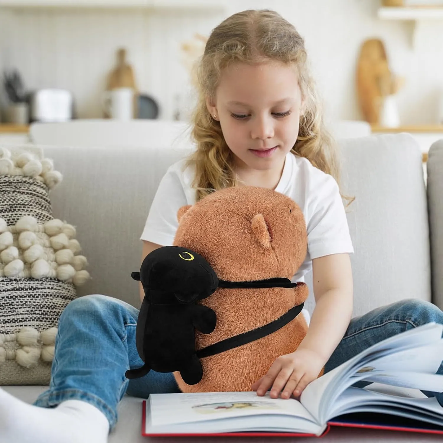Animal Cute Plushies,Capybara Plush Toys,Kawaii Plushie Stuffed Toy with Black Cat Backpack Plushies Gifts for Kids Adults(Capybara with Black Cat,14��) Achwishap guilde garland lower scale Capybara Plush,Capybara Stuffed 