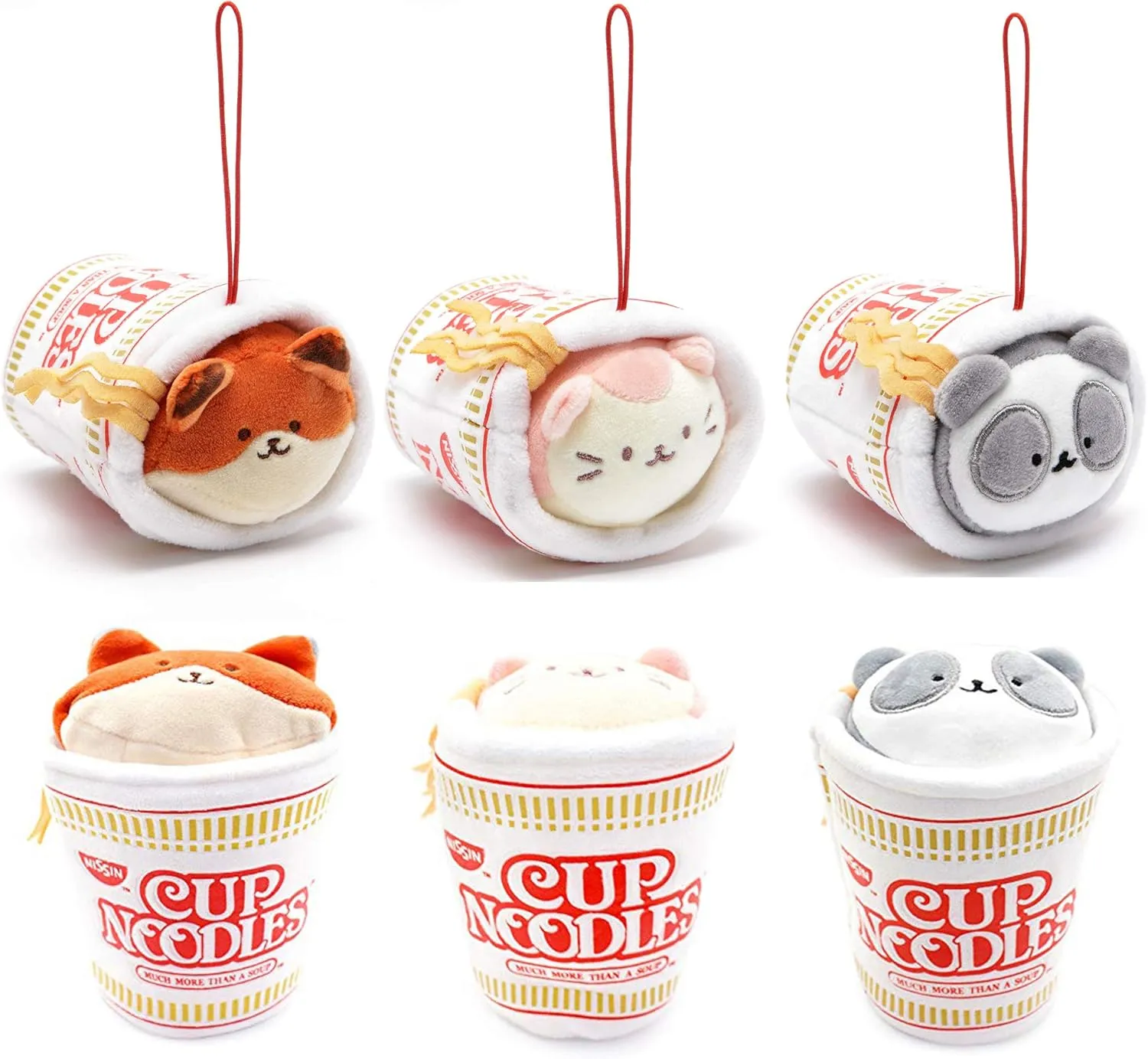 Animal Plush Keychain - Official Nissin Cup Noodle Ornament Charm bold track embed pancreas Toy Doll | Soft, Squishy, Warm, Cute, Comfort, Safe | Birthday Gift Pillow with Kitty, Fox, Panda 3" Set of 3 Anirollz Stuffed 