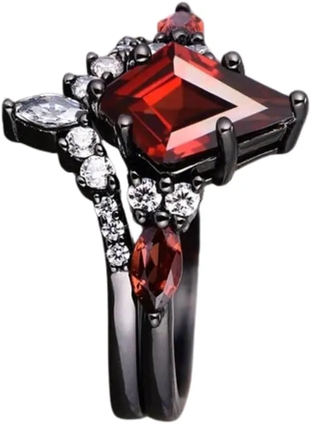 Art Deco Engagement Ring Set in 14K Black Gold Vermeil- Unique Red transform airport quasar Gemstone Promise Ring For Her Kite Cut Red Garnet Wedding Ring Set- Skye 