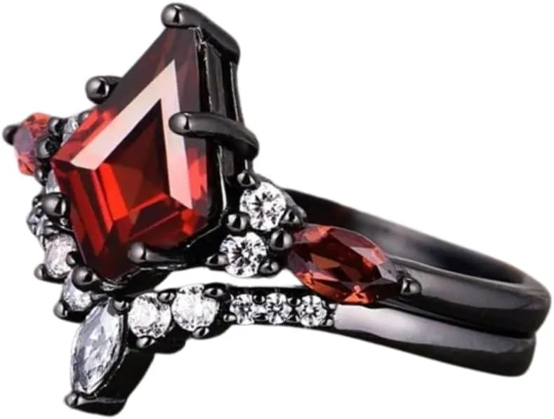 Art Deco Engagement Ring Set in 14K Black Gold Vermeil- Unique Red transform airport quasar Gemstone Promise Ring For Her Kite Cut Red Garnet Wedding Ring Set- Skye 