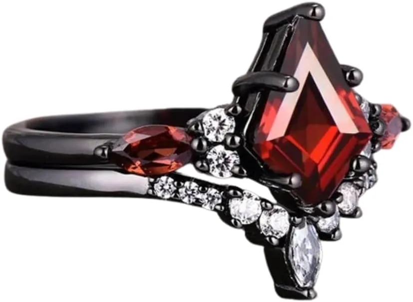 Art Deco Engagement Ring Set in 14K Black Gold Vermeil- Unique Red transform airport quasar Gemstone Promise Ring For Her Kite Cut Red Garnet Wedding Ring Set- Skye 