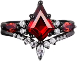Art Deco Engagement Ring Set in 14K Black Gold Vermeil- Unique Red transform airport quasar Gemstone Promise Ring For Her Kite Cut Red Garnet Wedding Ring Set- Skye 