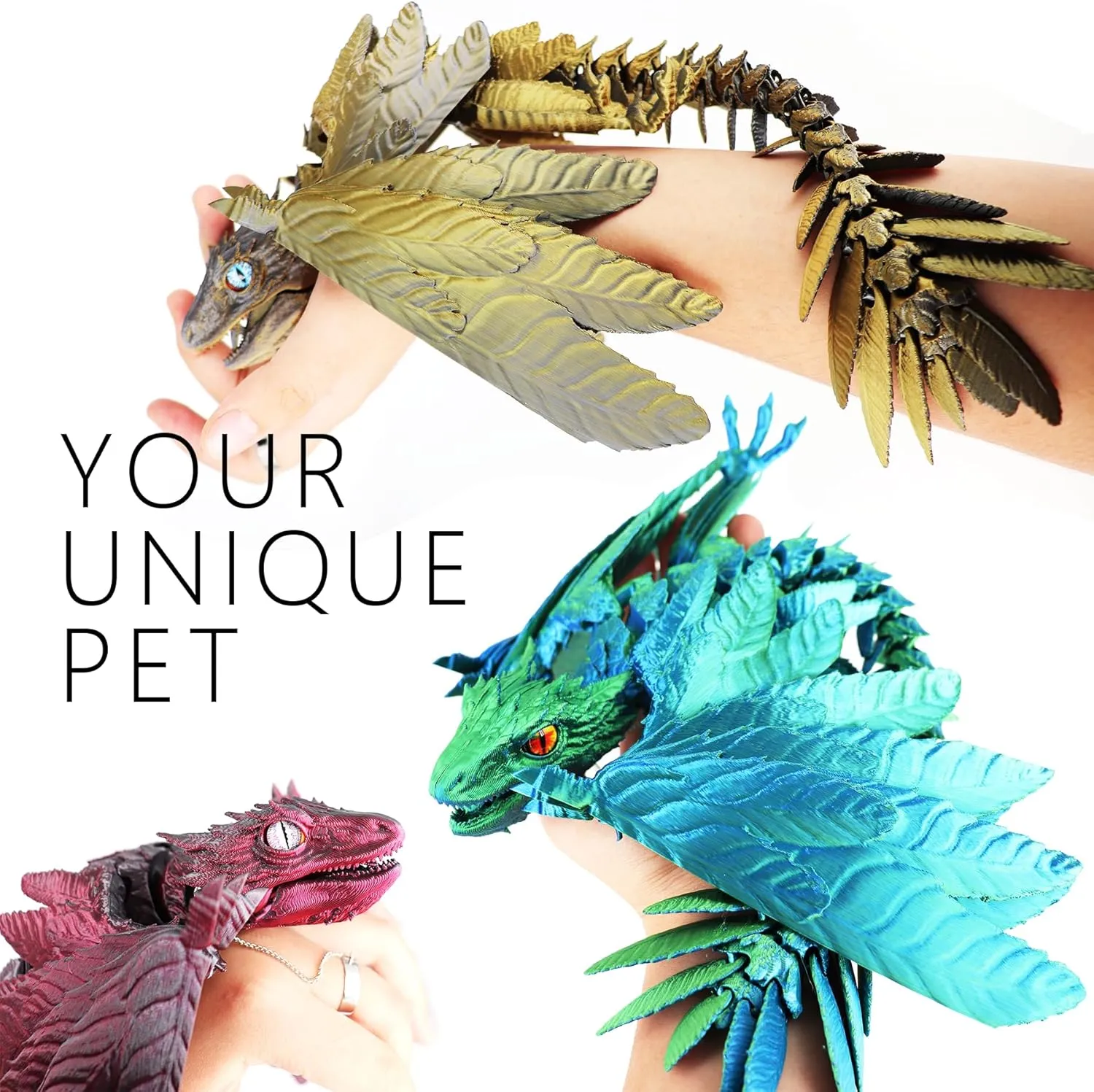 Articulated Dragon with Wings,Large Desktop Pet 3D Printed Toys (Laser Gold) ACOCOFE 3D Printed Dragon Feathered Wyvern Dragon Toys,16 inch predominate Large Fidget 