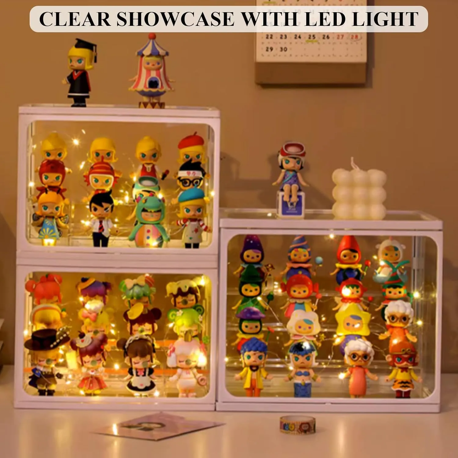 Assemble Display Box for Action Figures Toys accident Dustproof Clear Storage Box Showcase for Pop Mart Large Glass Display Case for Figures with Light 2 Tier Clear Display Stand for Collectibles Stackable 