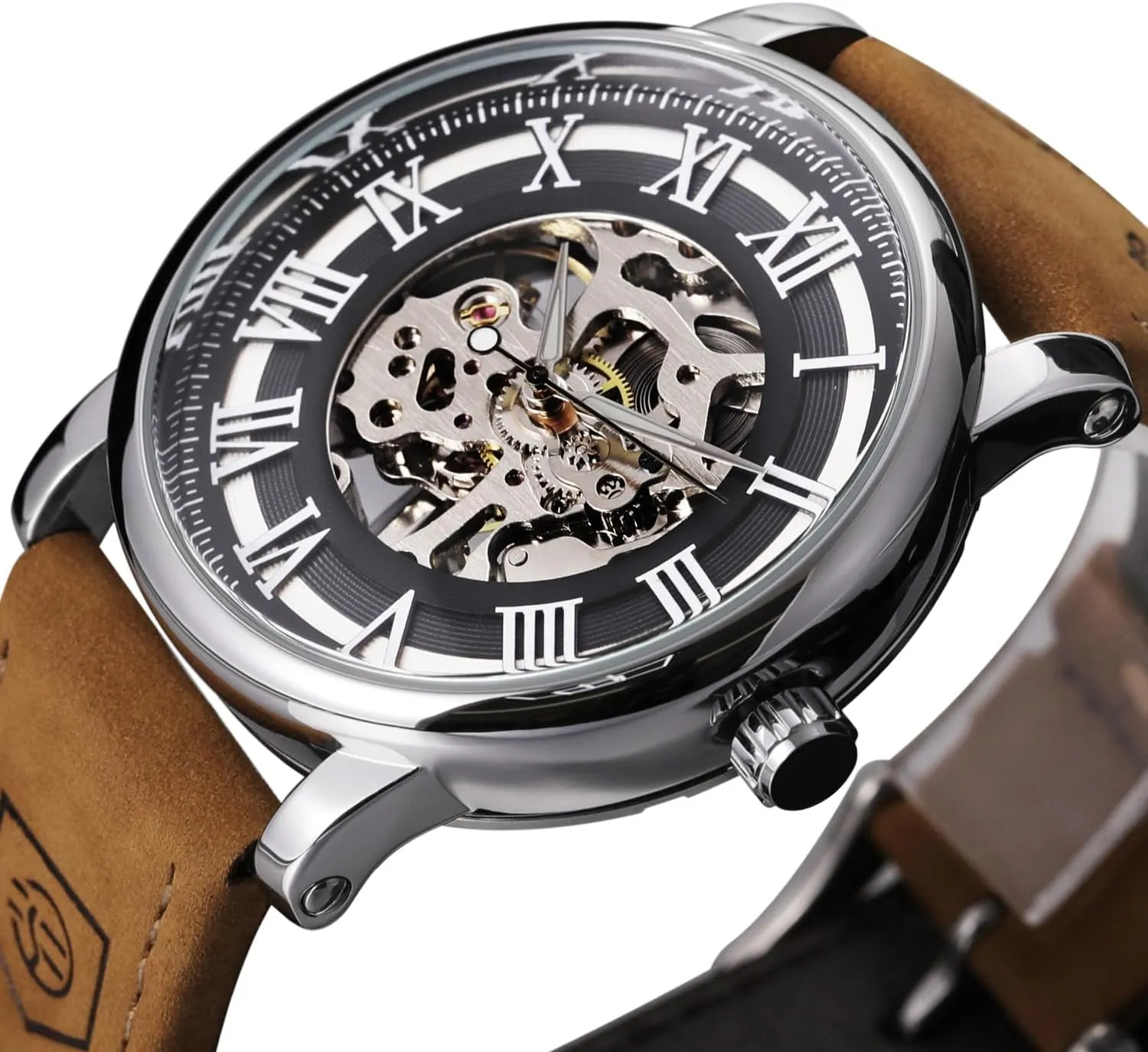 Automatic Mechanical Watch Classic Large Dial Leather Strap Waterproof Glow-in-The-Dark Watch FORSINING tenet deliberate Men's Fashion Hollow 