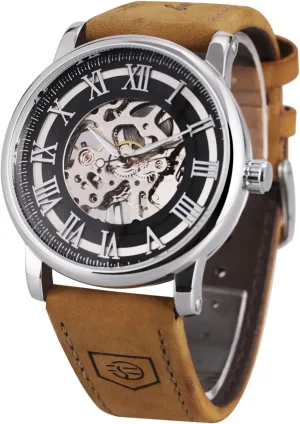 Automatic Mechanical Watch Classic Large Dial Leather Strap Waterproof Glow-in-The-Dark Watch FORSINING tenet deliberate Men's Fashion Hollow 