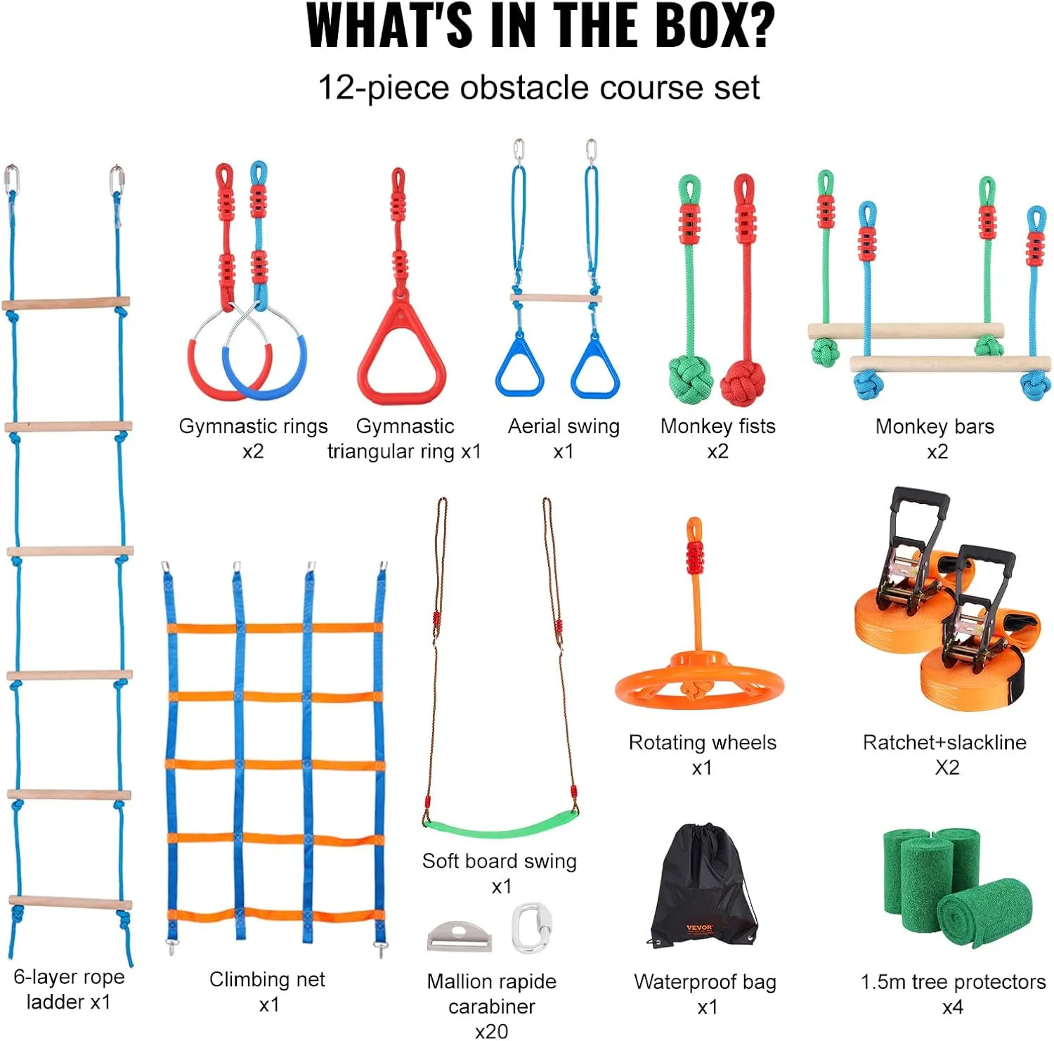 Backyard Toys Training Equipment Set with 12 Obstacles VEVOR insist subsidiary Ninja Warrior Obstacle Course for Kids, 2 x 65 ft Weatherproof Slacklines, 500lbs Weight Capacity Monkey Line, Outdoor Playset Equipment, 