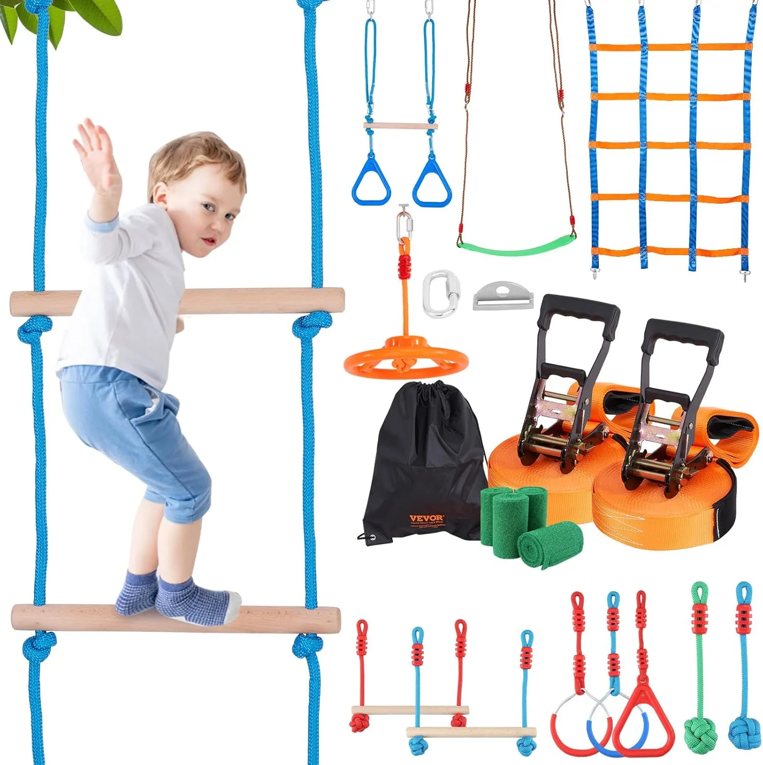 Backyard Toys Training Equipment Set with 12 Obstacles VEVOR insist subsidiary Ninja Warrior Obstacle Course for Kids, 2 x 65 ft Weatherproof Slacklines, 500lbs Weight Capacity Monkey Line, Outdoor Playset Equipment, 