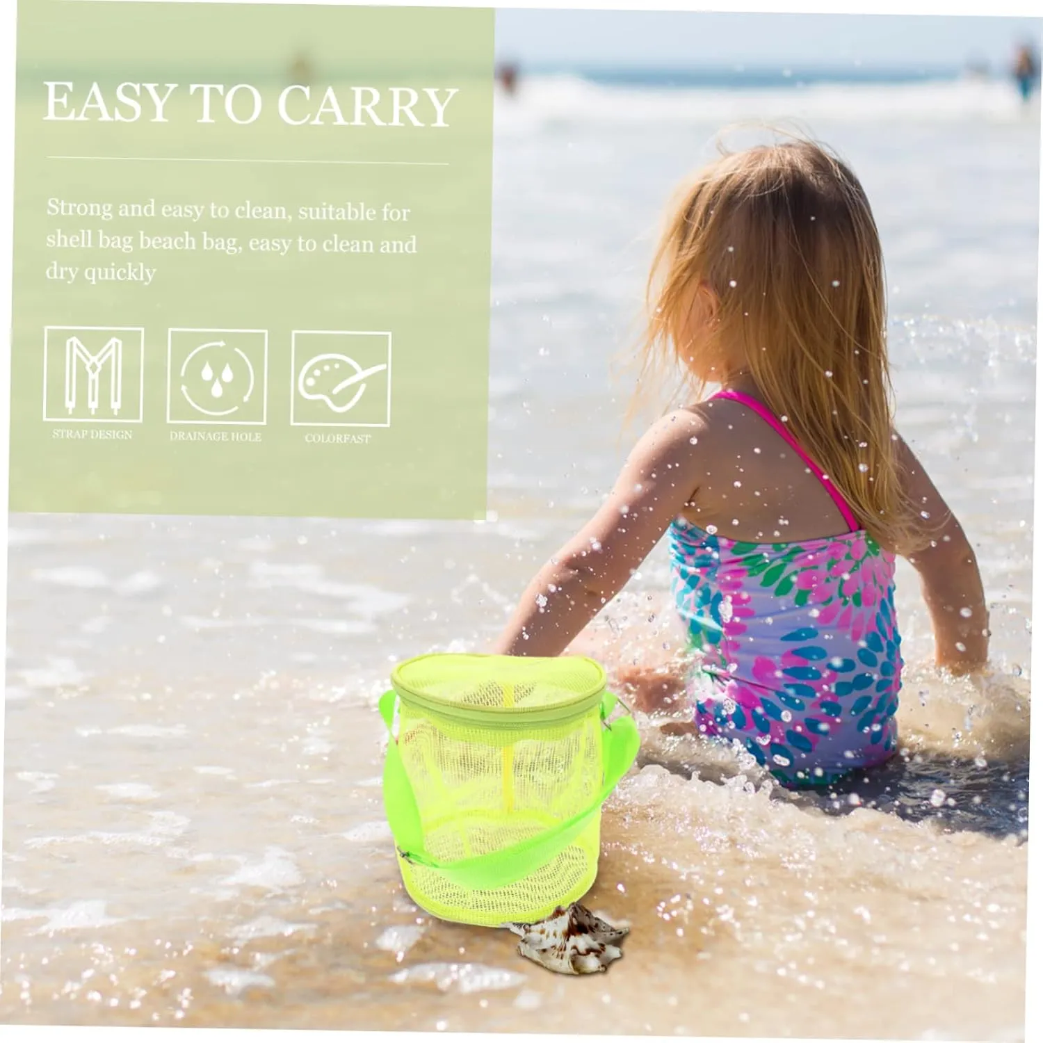 Bag for Kids - Mesh Summer Organizer for Backpack, Sand Toy Bucket - Green Child Beach rod Storage Tote 