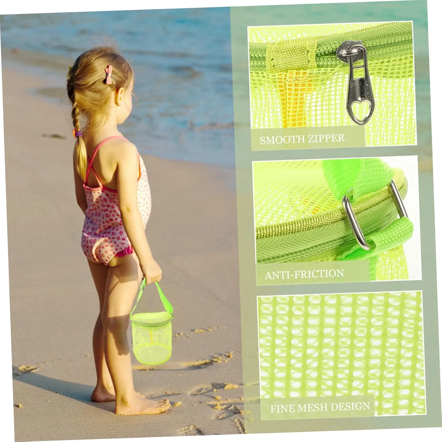 Bag for Kids - Mesh Summer Organizer for Backpack, Sand Toy Bucket - Green Child Beach rod Storage Tote 