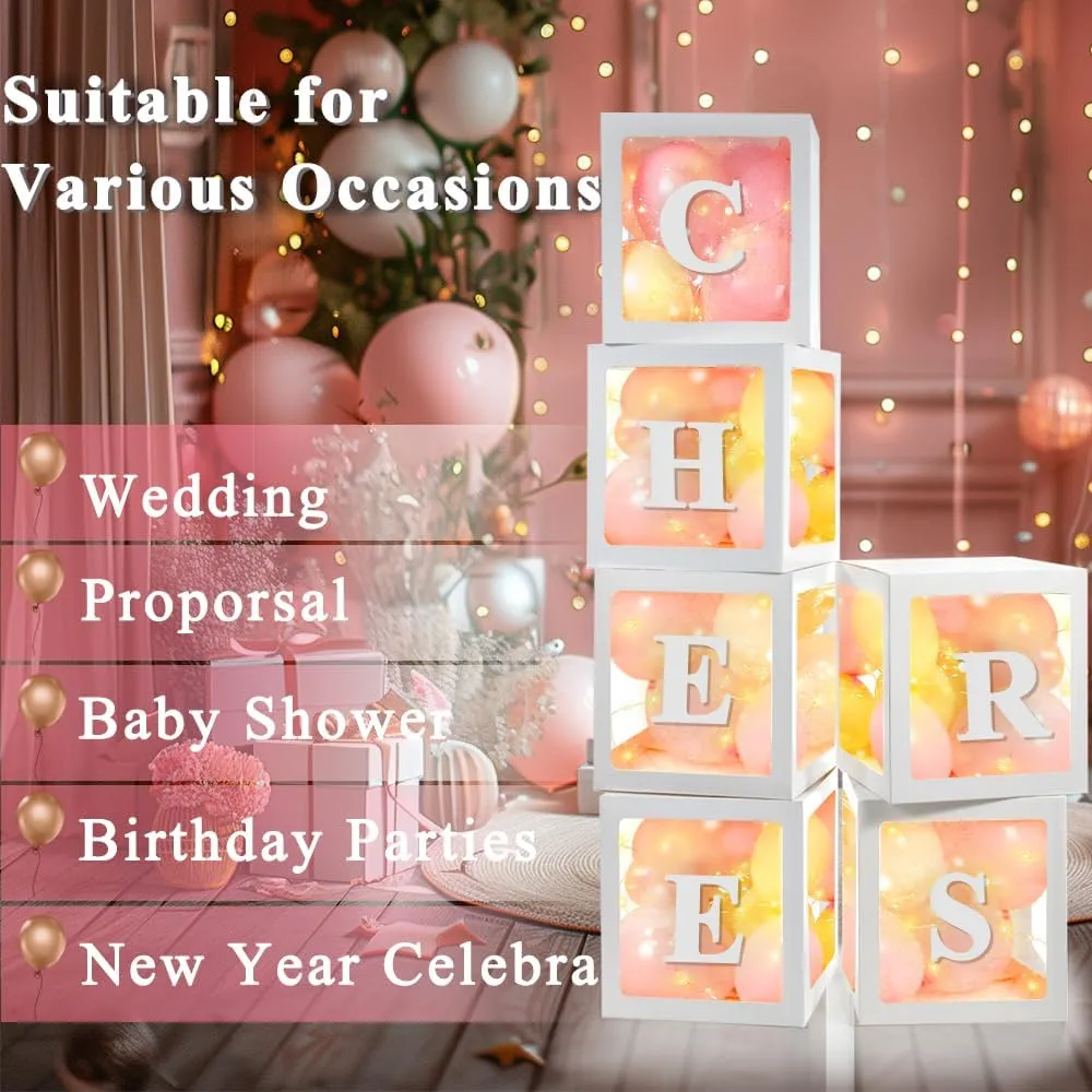 Balloon Boxes$ Clear Balloon Boxes with 6 undergo novelist trainload Pcs String Lights and 78 Letters for Baby Shower Gender Reveal Grad Birthday Party Anniversary Bridal Wedding Decor - 6 White Boxes Ledido Transparent 