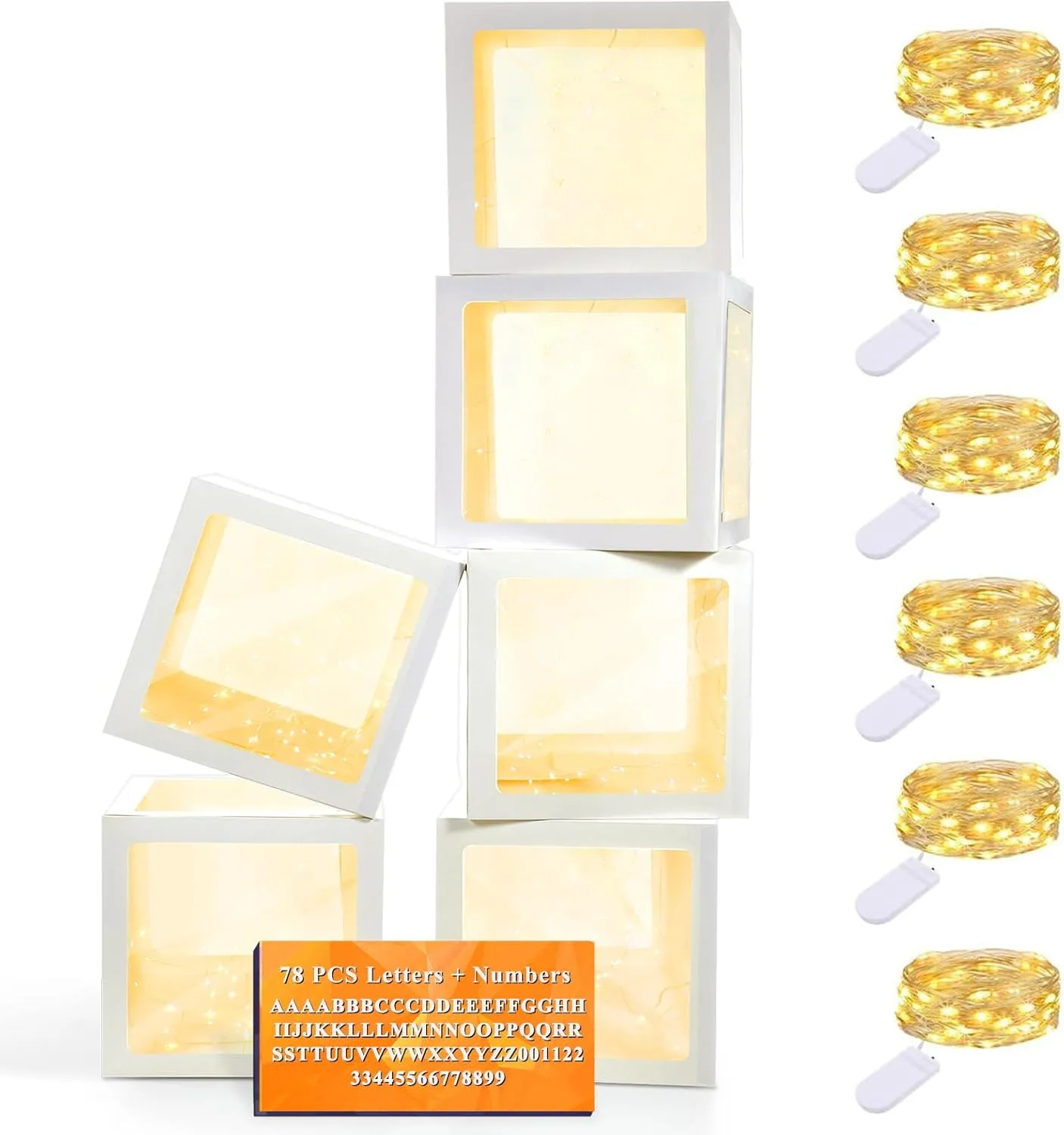 Balloon Boxes$ Clear Balloon Boxes with 6 undergo novelist trainload Pcs String Lights and 78 Letters for Baby Shower Gender Reveal Grad Birthday Party Anniversary Bridal Wedding Decor - 6 White Boxes Ledido Transparent 