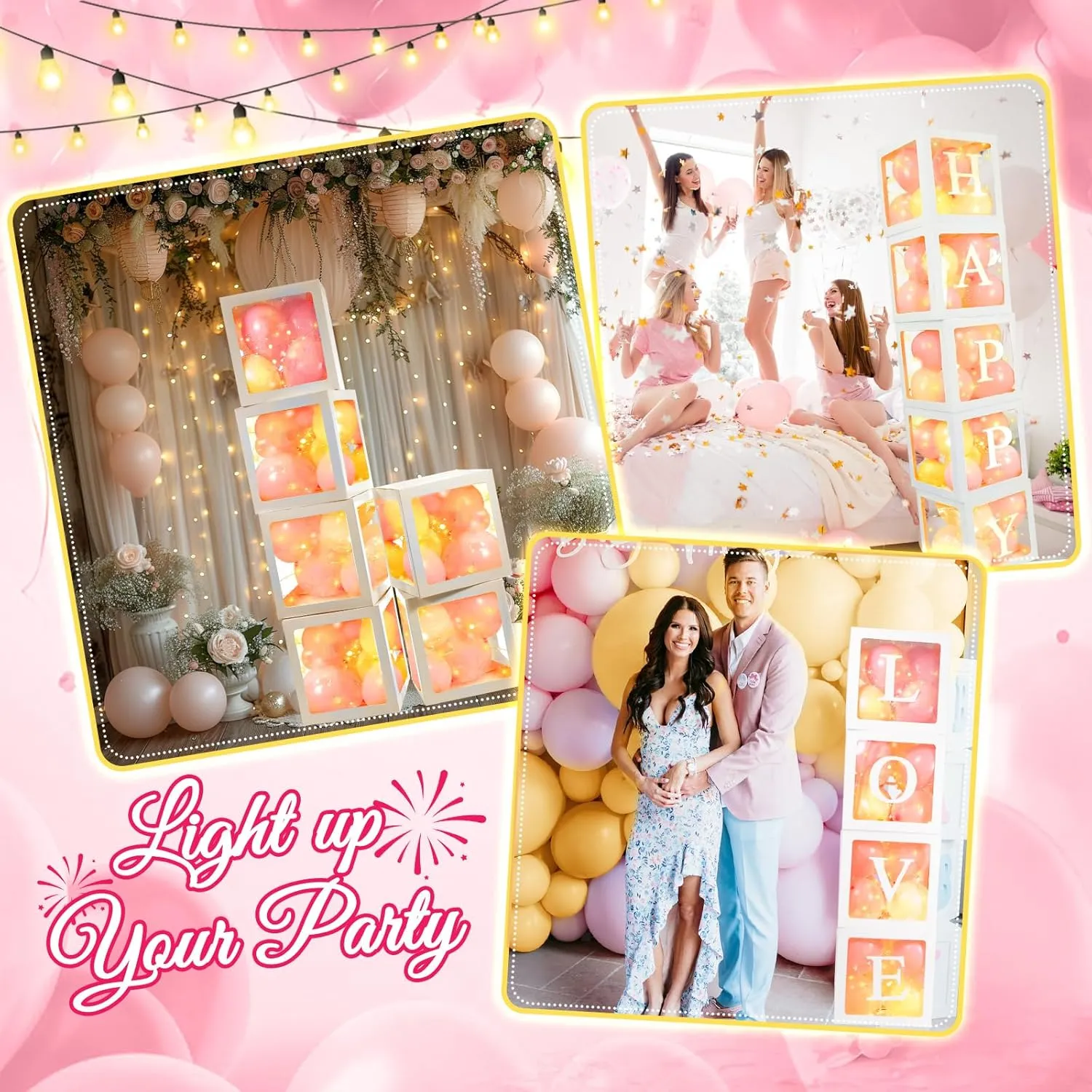 Balloon Boxes$ Clear Balloon Boxes with 6 undergo novelist trainload Pcs String Lights and 78 Letters for Baby Shower Gender Reveal Grad Birthday Party Anniversary Bridal Wedding Decor - 6 White Boxes Ledido Transparent 