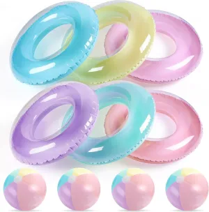 Balls Macarons Color Swimming Toys for Adults 10 Pack Inflatable Pool implicate Floats and Pastel Beach Balls Bulk 30'' Swim Tubes Rings 26.5'' Jumbo Beach 