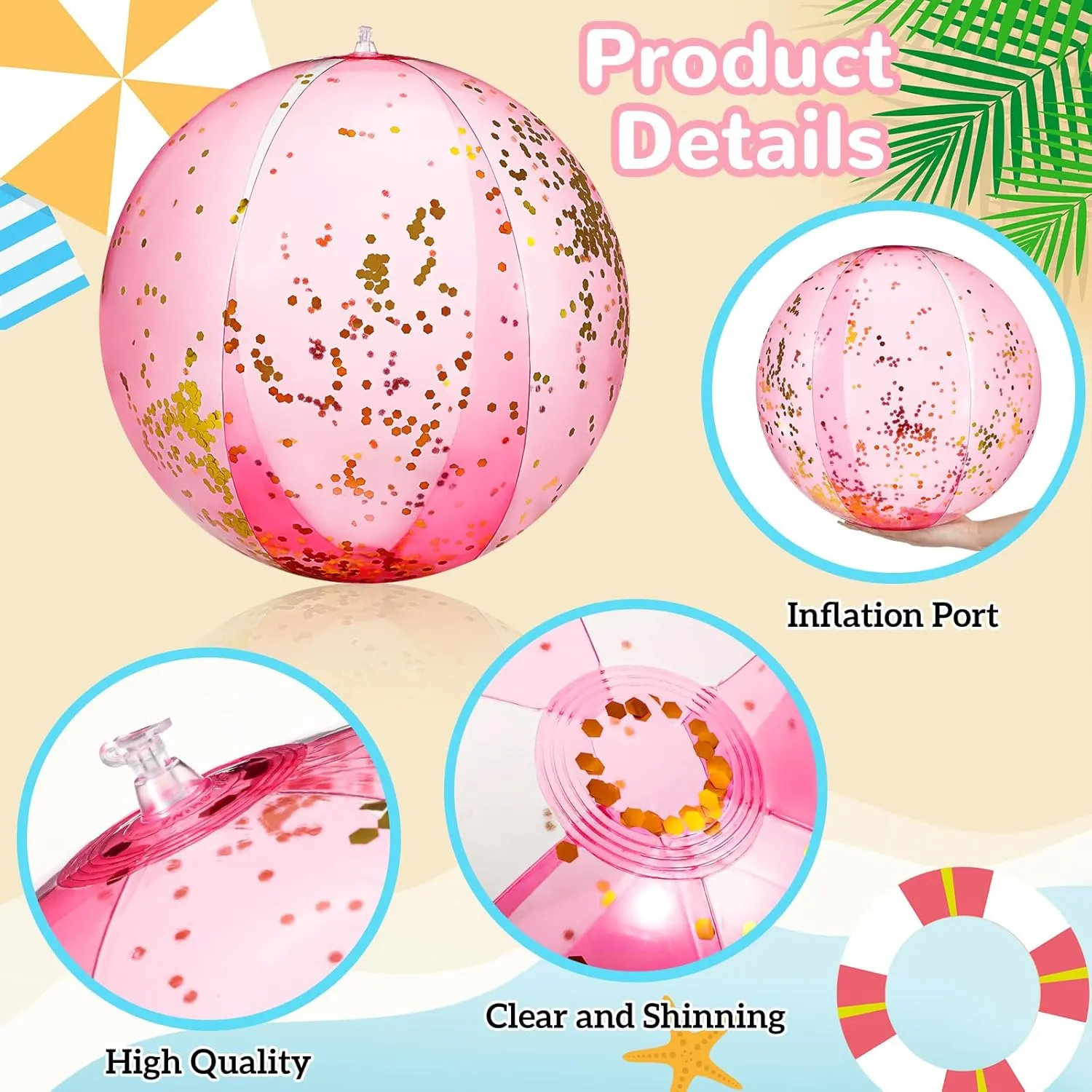 Balls Pool Toys for Summer Bachelorette Party Confetti Sparkling Clear Swimming Pool Toys for Party Favors (Pink and Blue) 24 Pcs Inflatable Beach Balls Bulk 16 Inch forfeit Glitter Beach 