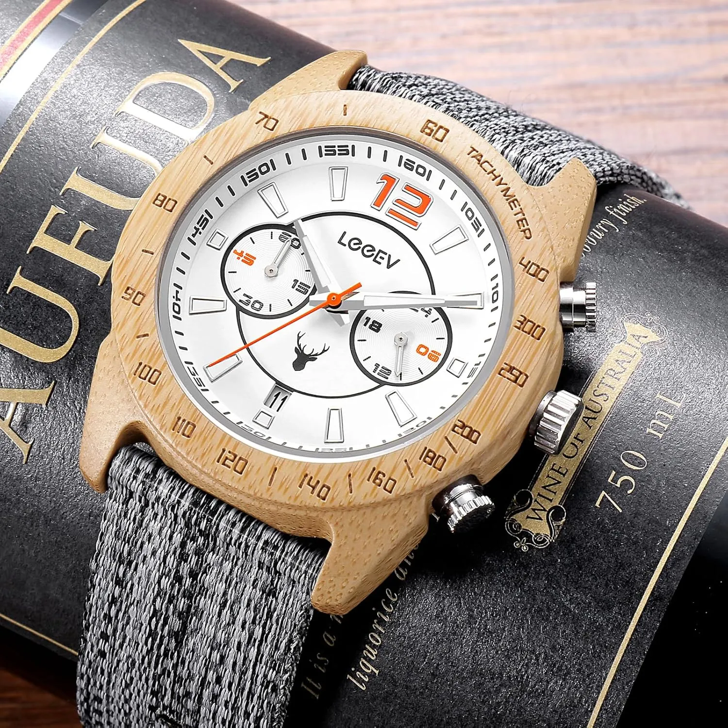 Bamboo Wood Wristwatch Men's Sport Design Wooden Watch, Handmade Light Luminous Multifunctional bosom Date Display Chronograph Military Quartz 