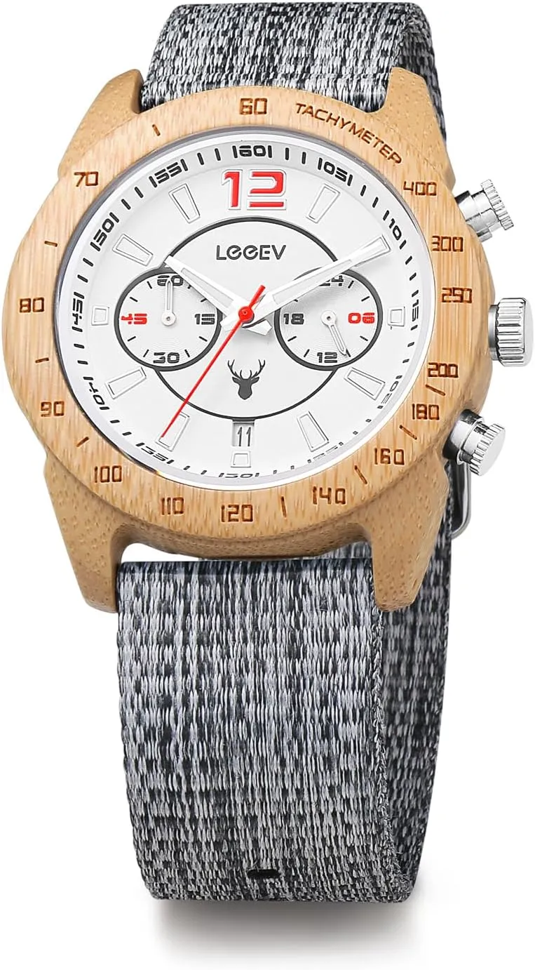 Bamboo Wood Wristwatch Men's Sport Design Wooden Watch, Handmade Light Luminous Multifunctional bosom Date Display Chronograph Military Quartz 