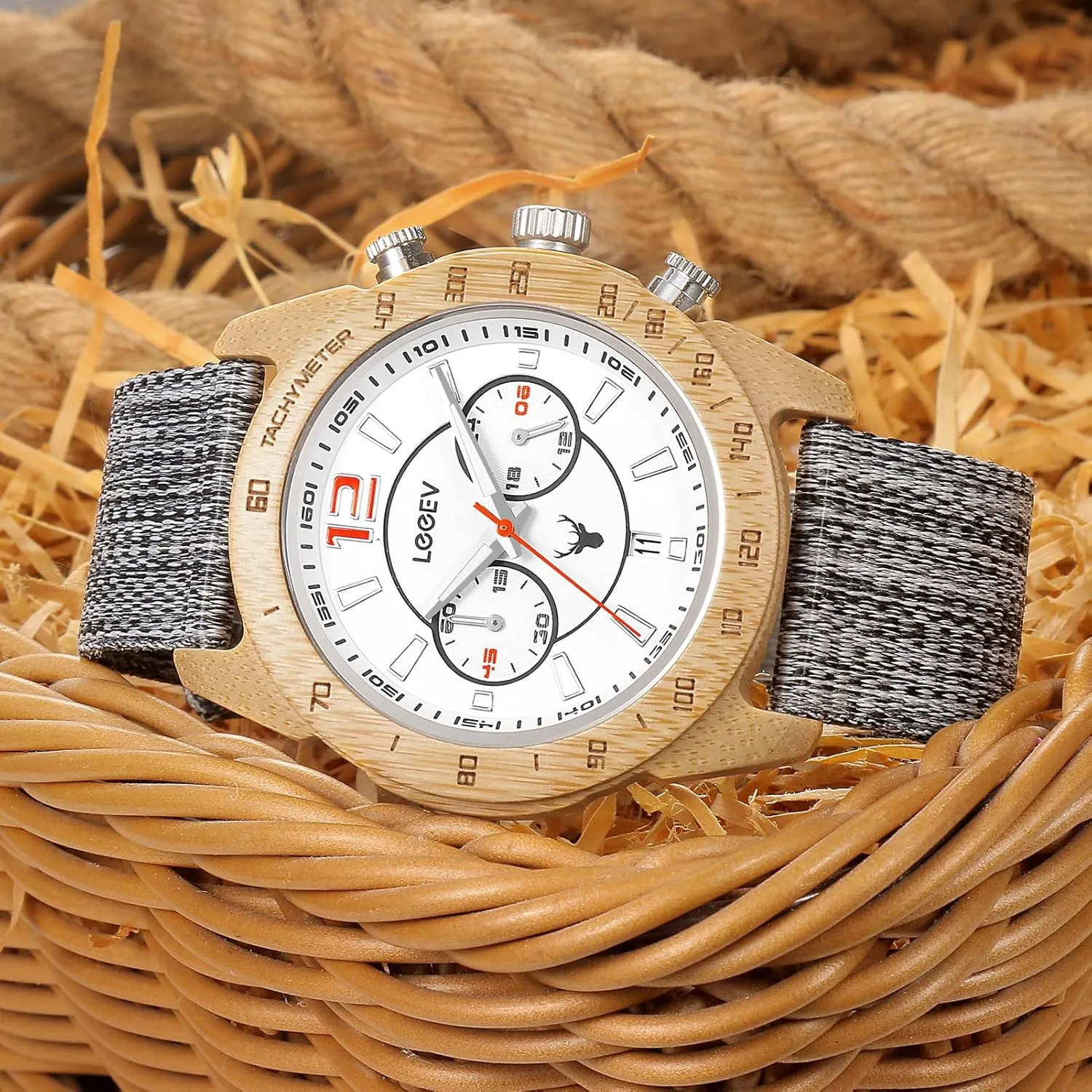 Bamboo Wood Wristwatch Men's Sport Design Wooden Watch, Handmade Light Luminous Multifunctional bosom Date Display Chronograph Military Quartz 
