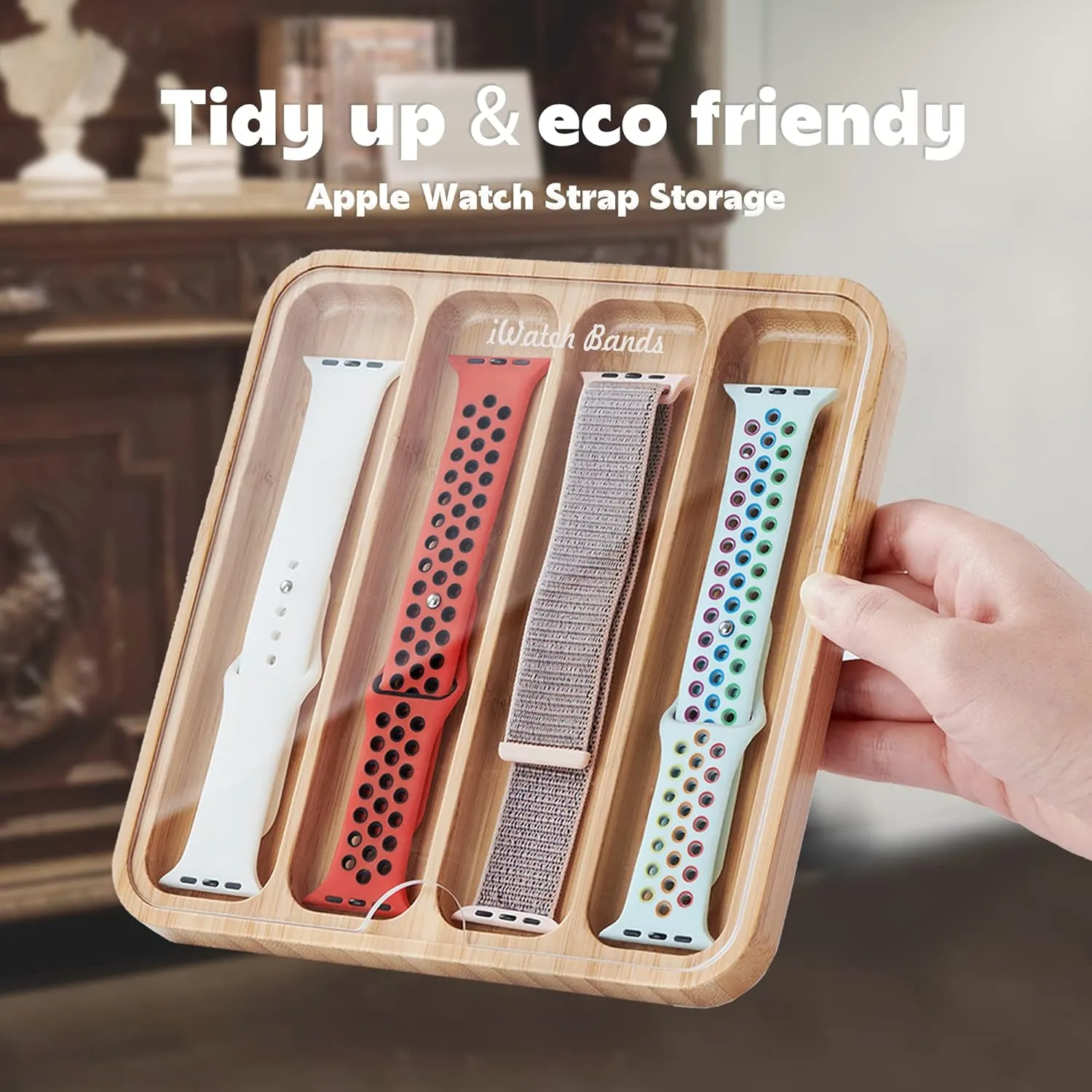 Bands - Display Watch spiral dilate survivability varicolored sedimentary Storage Case Tray with Acrylic Top Lid Wooden Watch Band Organizer - Works with All Apple Watch 