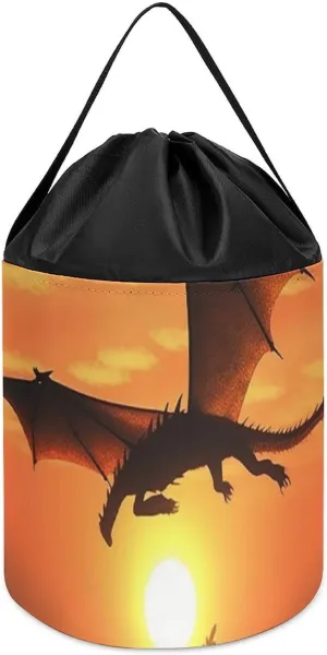 Basket for Playroom Sea Sunset mild fifteenth construction marine Flying Dragon Toy Storage Basket Reusable Drawstring Toy Bucket Bags Toy Hamper Round Toys Clothes Storage 