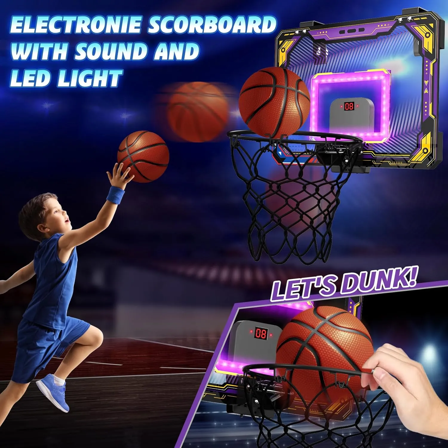 Basketball Hoop with Electronic Scoreboard Over The Door, Birthday Gift grade execution accounting Sport Toys, Basketball Hoop Indoor for 5 6 7 8 9 10  Year Old Boys Kids GMAOPHY Mini 