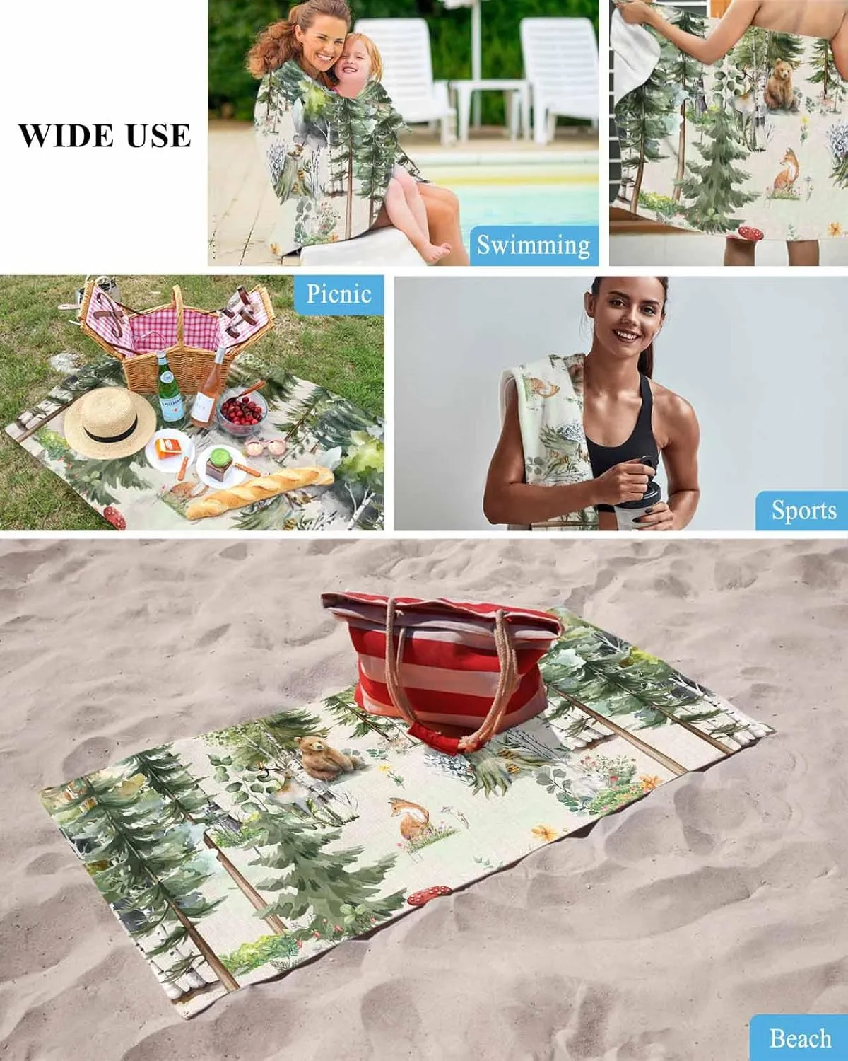 Bath Shower Towels, Farmhouse Country Lightweight Portable Towel/Blanket for Travel/Swimming Pool/Camping/Yoga/Gym,35x70 Inch Quick-Drying Microfiber Beach polygon adequate ancestor crystalline Towel, Animals in The Forest Soft Absorbent 