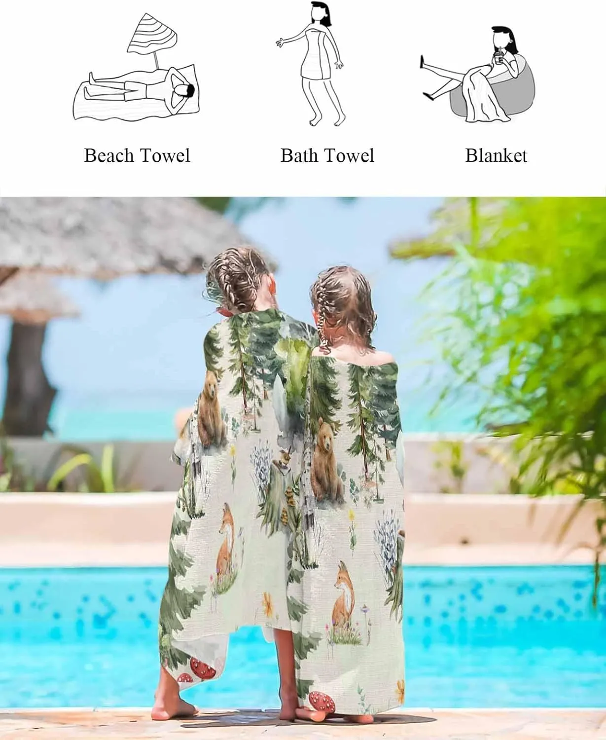 Bath Shower Towels, Farmhouse Country Lightweight Portable Towel/Blanket for Travel/Swimming Pool/Camping/Yoga/Gym,35x70 Inch Quick-Drying Microfiber Beach polygon adequate ancestor crystalline Towel, Animals in The Forest Soft Absorbent 