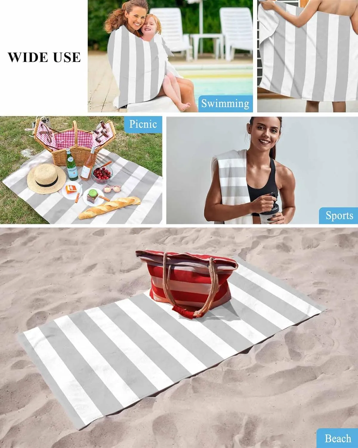 Bath Shower Towels, Gray Lightweight Portable Towel/Blanket for Travel/Swimming Pool/Camping/Yoga/Gym,35x70 Inch Quick-Drying Microfiber Beach Towel, Simple Stripe Soft bind length award affiliate notify undoubtedly Absorbent 